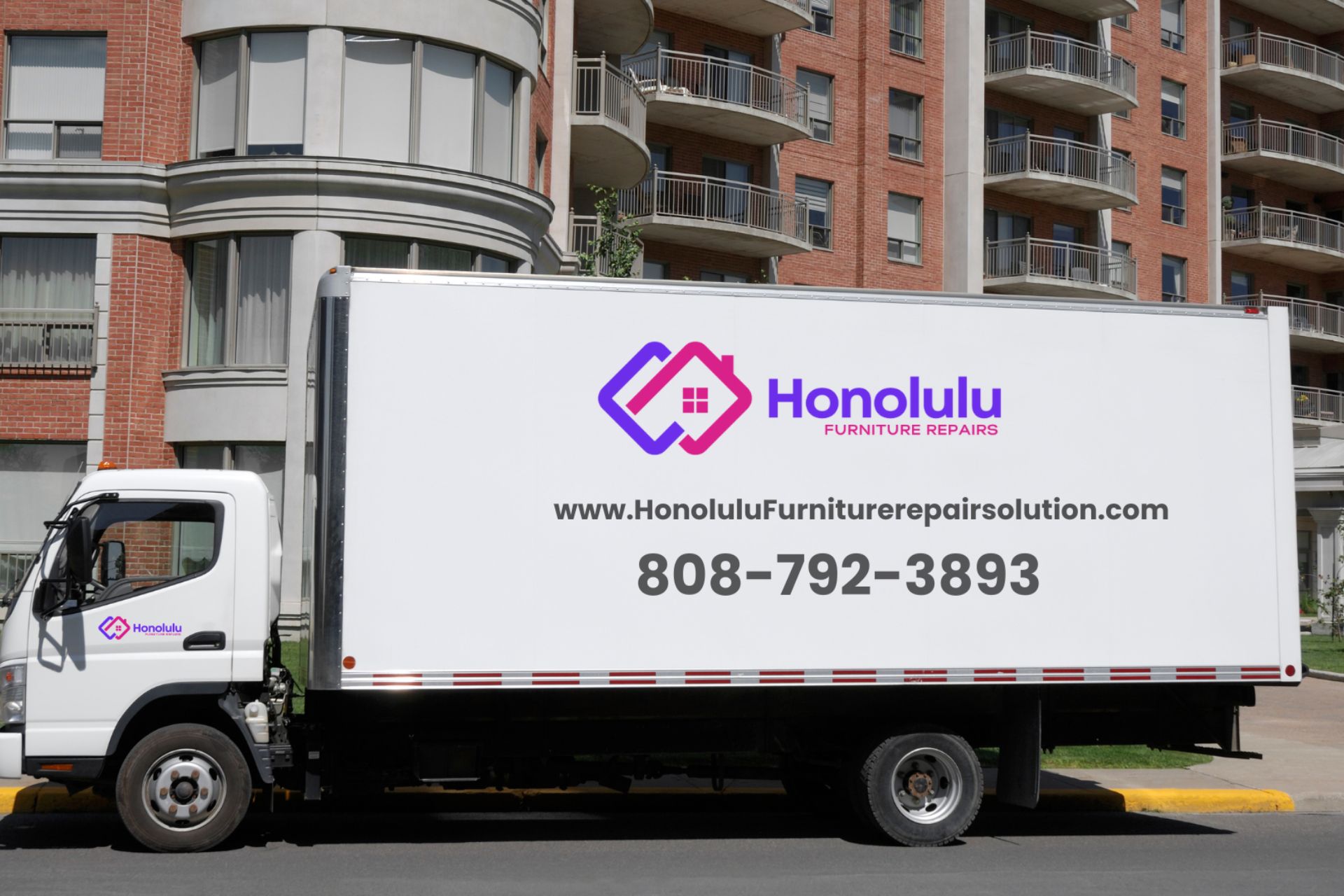 A delivery truck branded "Honolulu Furniture Repair Solution" parked in front of a building, displaying logo and contact details.