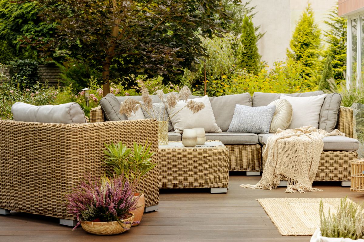 A patio featuring wicker furniture surrounded by various plants, showcasing a cozy outdoor seating area for relaxation.