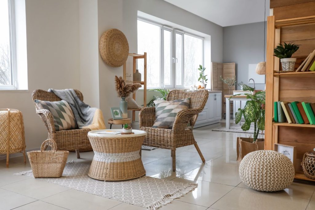 A cozy living room featuring wicker furniture and a bookshelf, showcasing a warm and inviting atmosphere for relaxation.